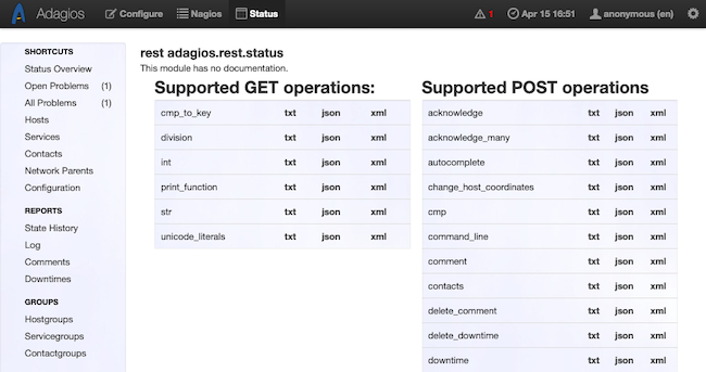 Adagios page documenting the Status REST API