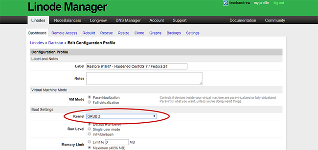 Linode Manager - Select Kernel