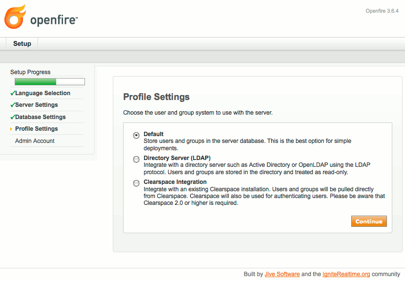 Profile storage selection in Openfire setup on Ubuntu 10.04 (Lucid).