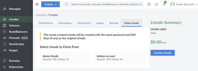 Select the &lsquo;Clone Linode&rsquo; tab to clone an existing Linode.