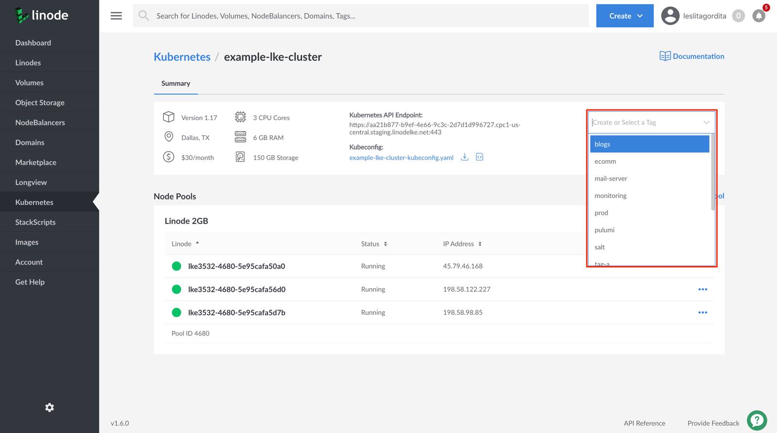 Select and existing tag and add it to your LKE cluster