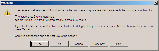 WinSCP host key verification dialog.